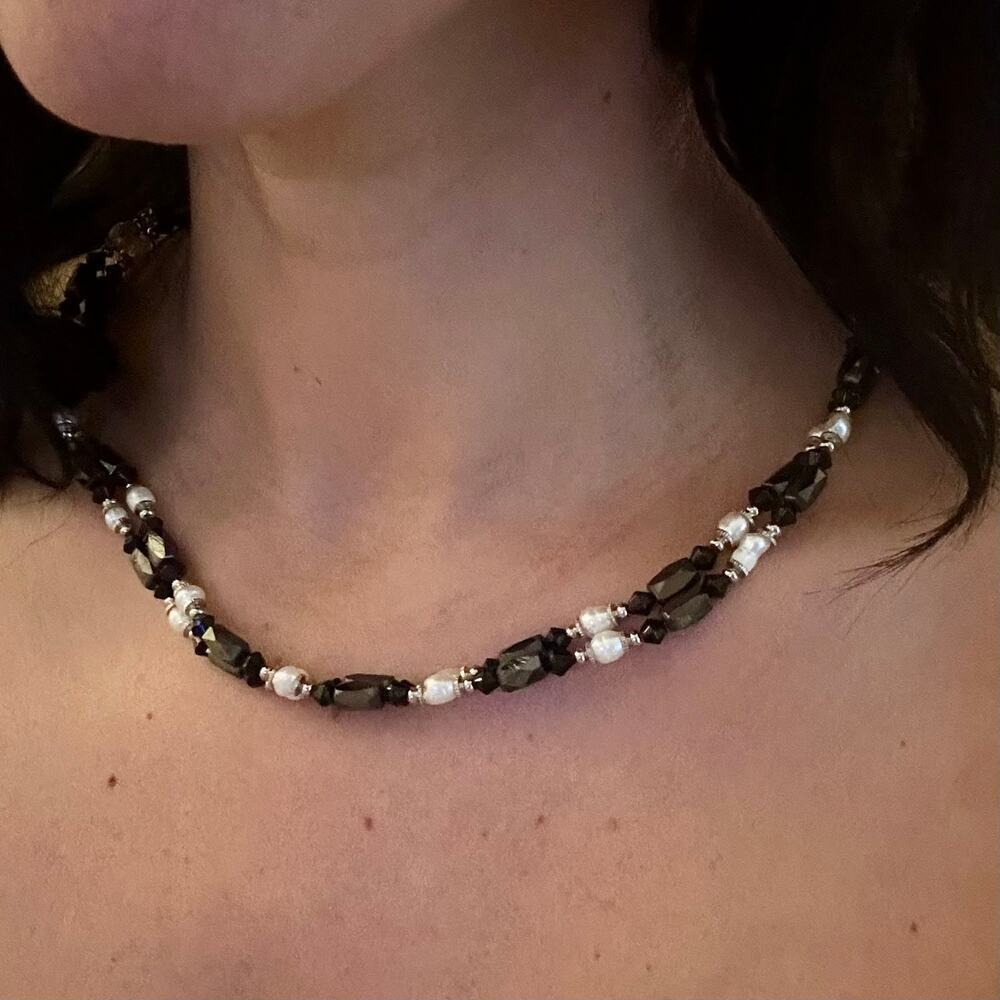 Vintage Black Beaded & Faux Pearl Magnetic Choker Necklace - Convertible Design - Picture 3 of 6